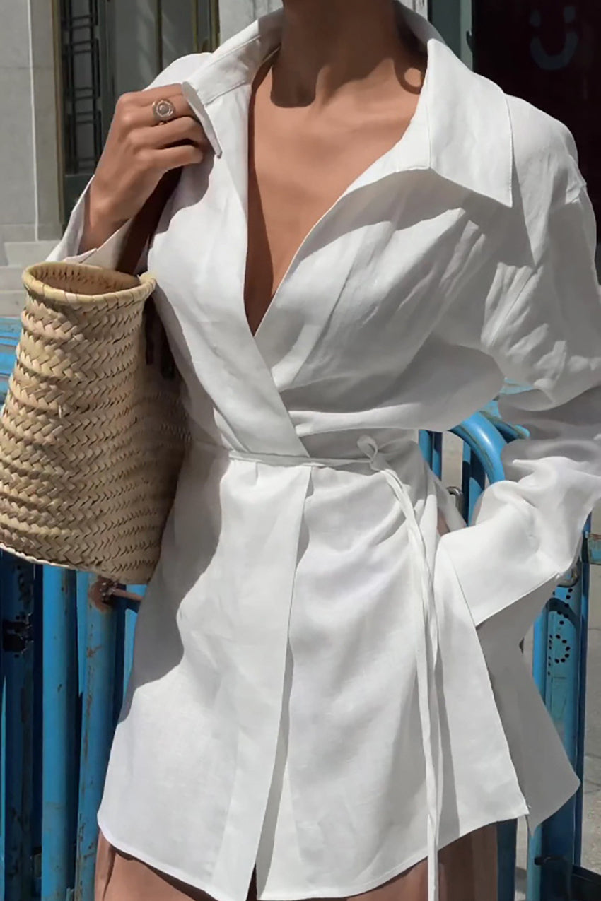 White Long Sleeve Tie Front Linen Blouse image 3