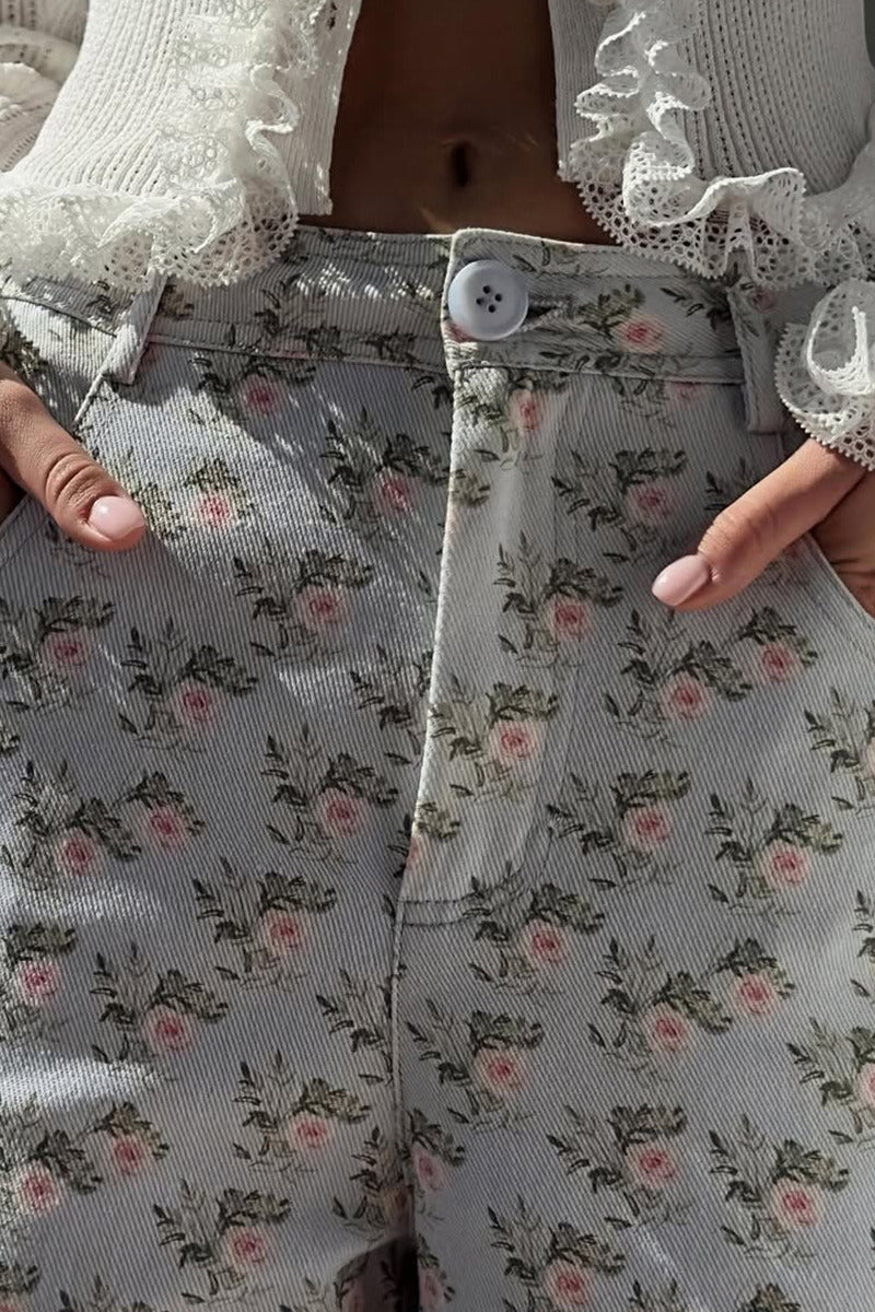 Light Blue Floral High Waist Wide Leg Jeans image 3
