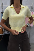 Minimalist Solid V Neck Knit Crop T-shirt image 2