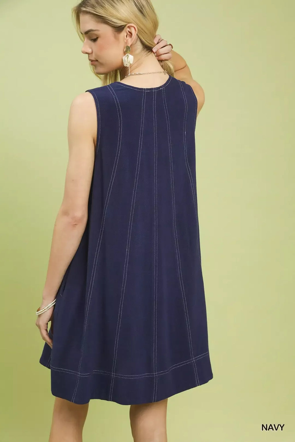 Brielle Linen Dress detail view styled for Avrienne