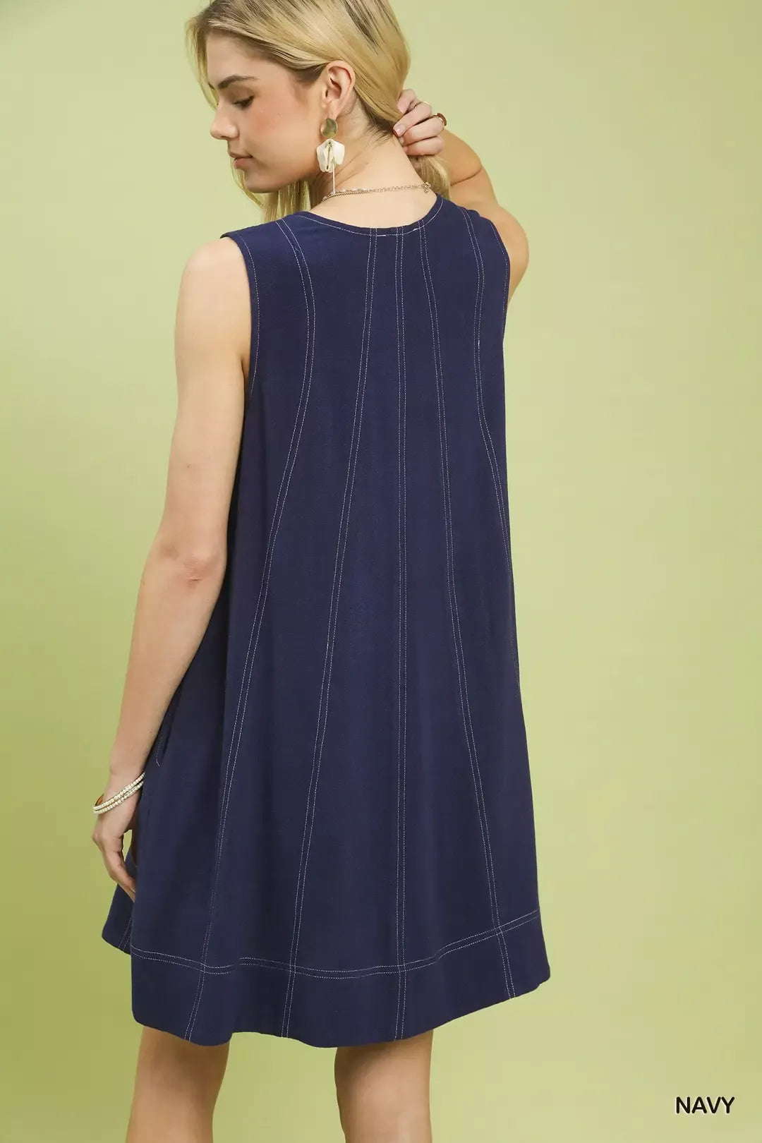Brielle Linen Dress detail view styled for Avrienne
