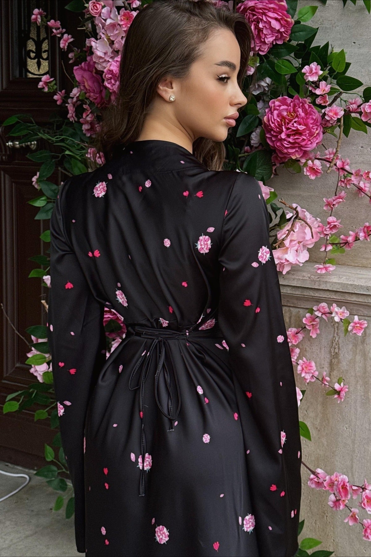 Satin Floral V Neck Flared Hem Maxi Dress image 5