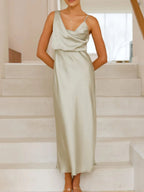 Willa Satin Dress detail view styled for Avrienne