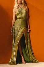 Metallic Pleated Halter Backless Tie Slit Maxi Dress image 1