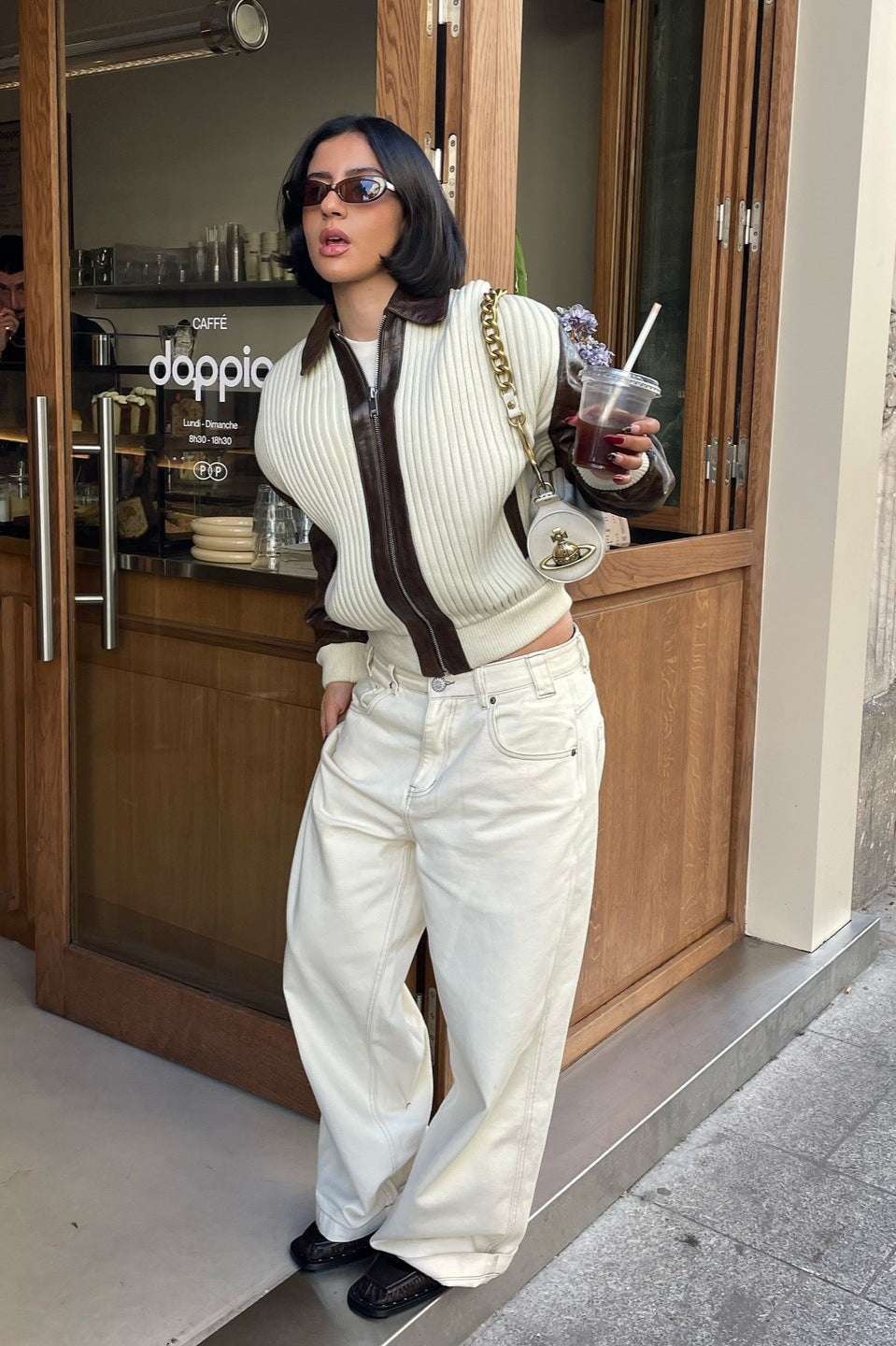 Long Sleeve Knit and Leather Jacket image 2