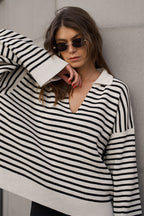 Striped Polo Neck Loose Fit Knit Sweater image 2