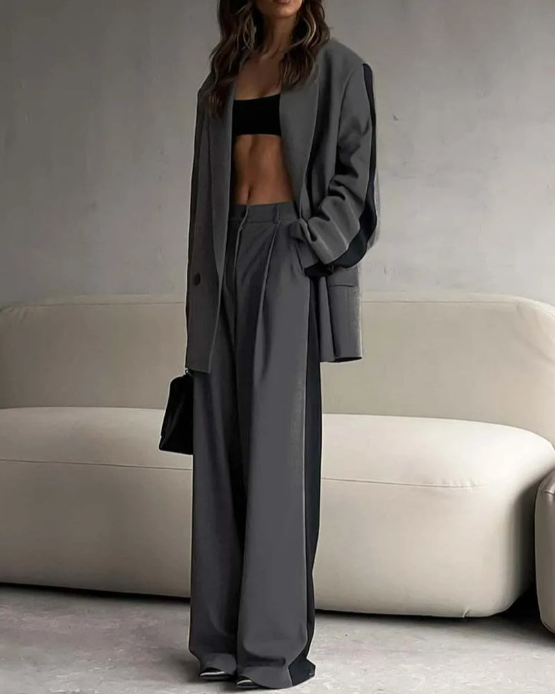 Grey Patchwork Blazer Trousers Office Two Piece Set image 2
