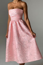 Solid Jacquard Strapless A-Line Party Dress image 5