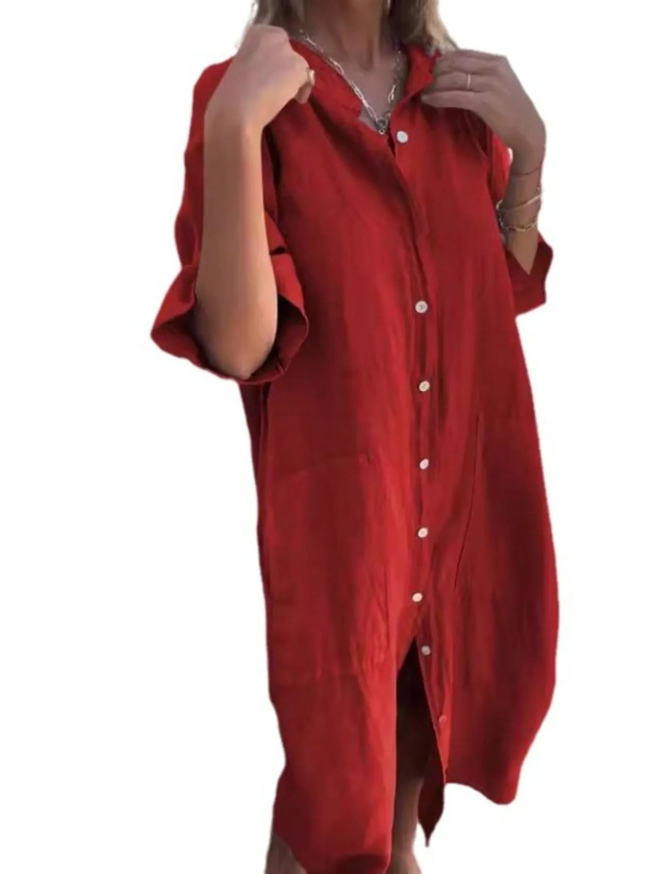 Marseille Linen Shirt Dress detail view styled for Avrienne