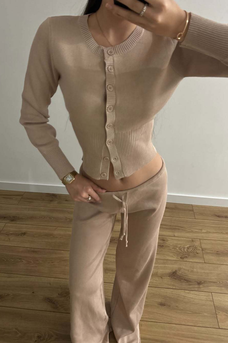 Sexy Fitted Buttoned Long-Sleeve Low-Rise Knit Two Piece Set image 4