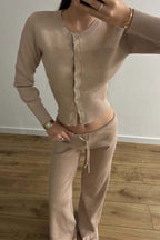 Sexy Fitted Buttoned Long-Sleeve Low-Rise Knit Two Piece Set image 4