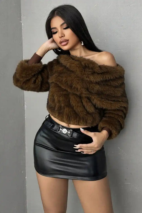 Chic Solid Furry Thick Off-shoulder Coat image 2