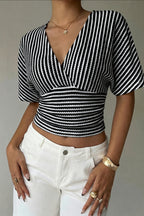 V Neck Striped Bat Sleeve T-shirt image 3