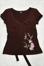 Vintage Floral Embroidery Tie Waist V Neck T-shirt image 5