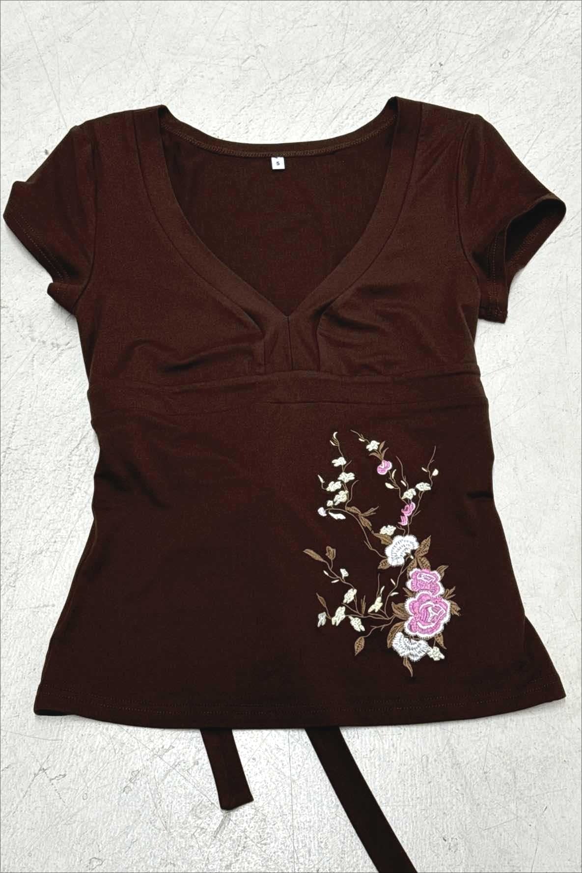 Vintage Floral Embroidery Tie Waist V Neck T-shirt image 5