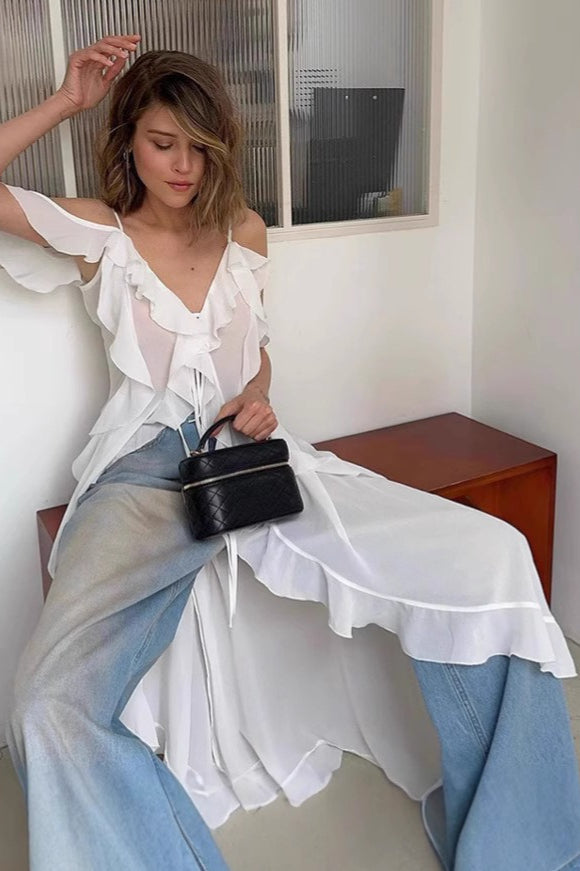 Tie V Neck A Line Ruffle Chiffon Cami Top image 2