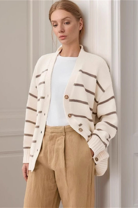 Striped Cotton V Neck Knit Cardigan image 2