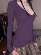 Ribbed Deep V Neck Knit Long Sleeve Tee image 2