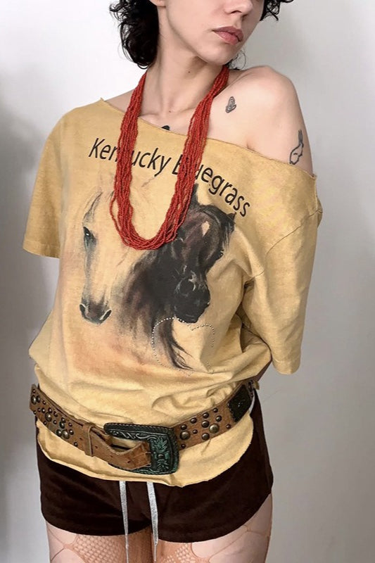 Graphic Print Asymmetrical Neck Short Sleeve Blouse image 1