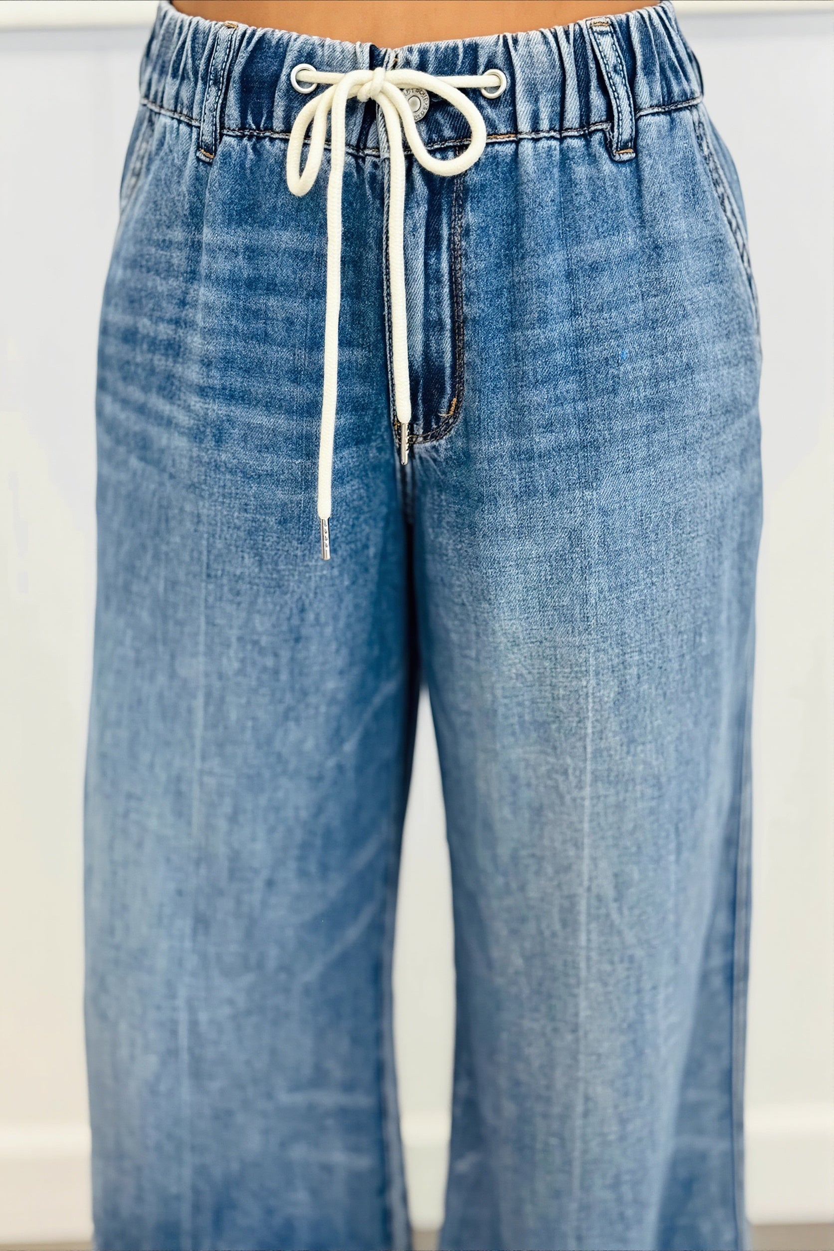 Chic Retro Washed Elastic Drawstring Straight Jeans image 3