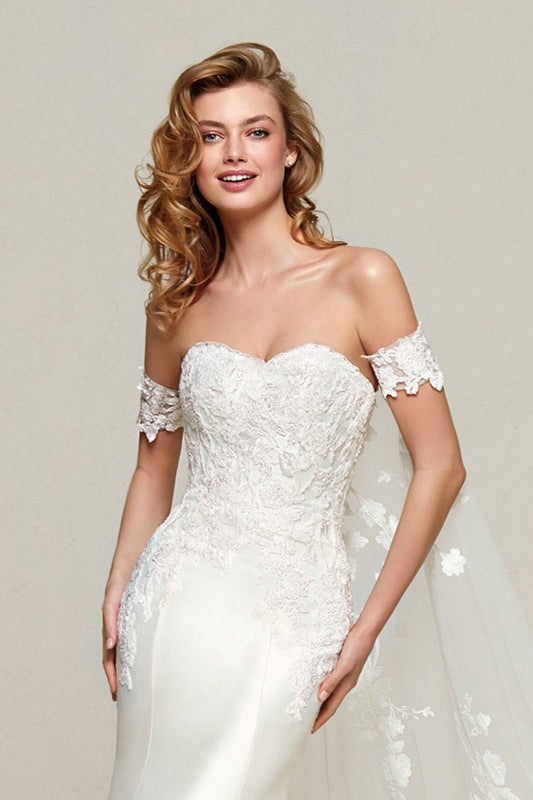 Simple Off Shoulder Satin Mermaid Detachable Train Wedding Dress image 3