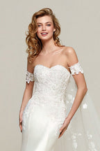 Simple Off Shoulder Satin Mermaid Detachable Train Wedding Dress image 3