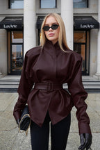 Stand Collar Trench Leather Jacket image 11