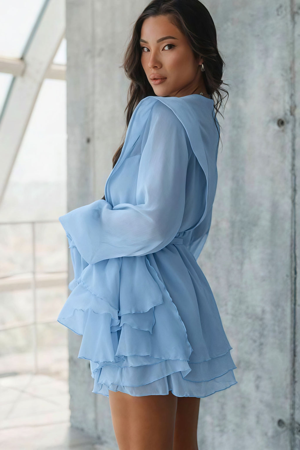 Long Sleeve Tie Mesh Sheer Tiered Mini Dress image 3