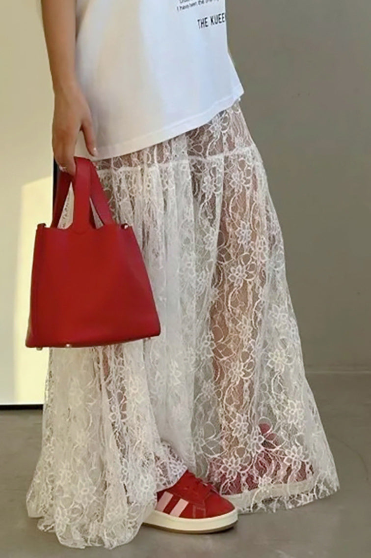 Floral Lace Sheer High-Waist A-Line Skirt image 3