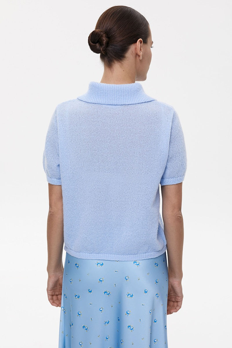 Minimalist Polo Hollow Knit Puff Sleeve Blouse image 16