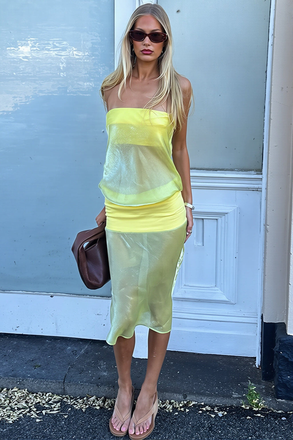 Strapless Contrast Sheath Sheer Midi Dress image 5