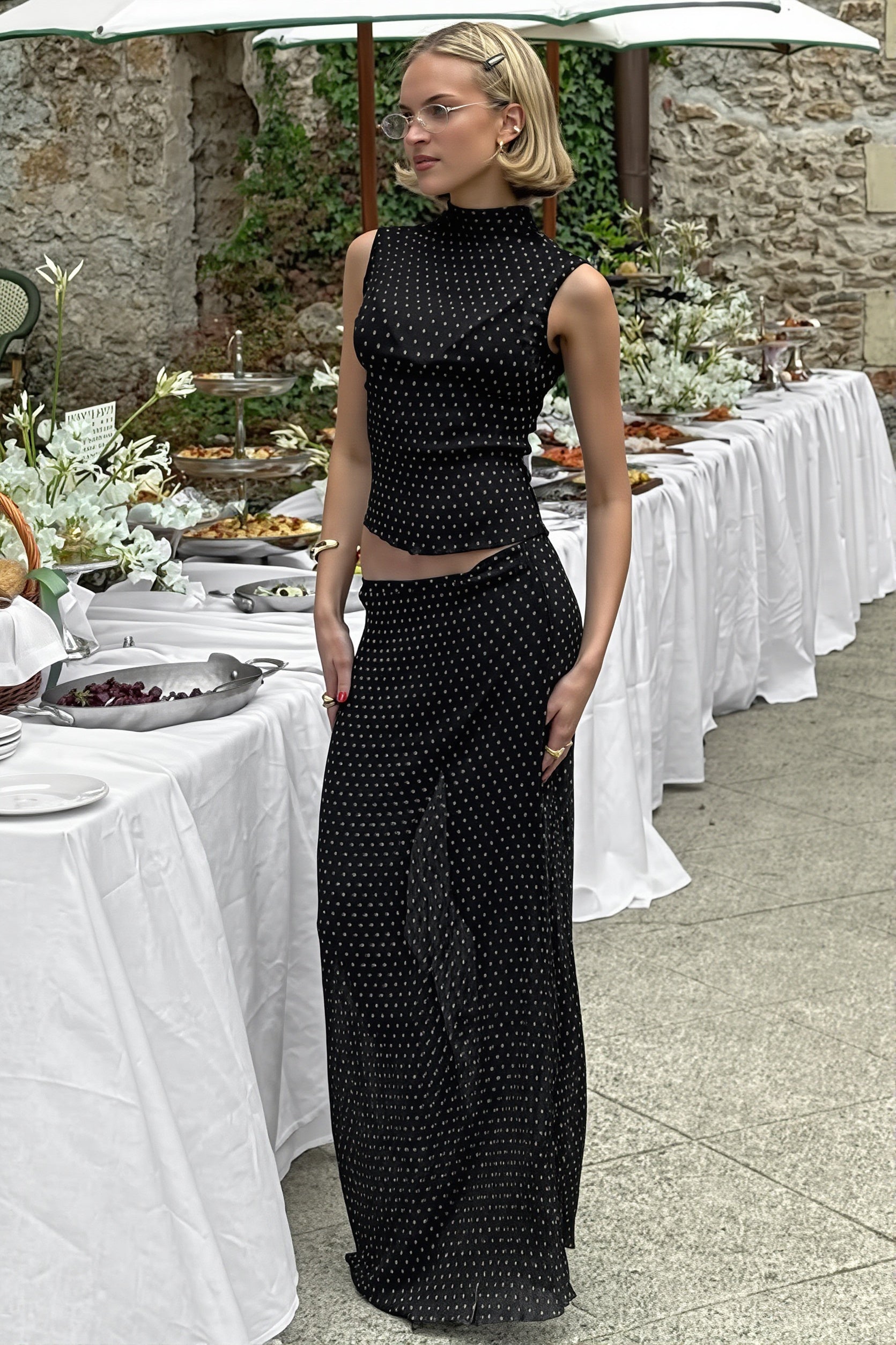 Polka Dot Sleeveless Top High Waist Maxi Skirt Sets image 1