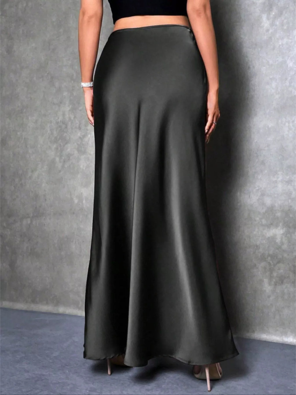 Zinnia Satin Maxi Skirt detail view styled for Avrienne