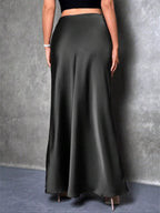 Zinnia Satin Maxi Skirt detail view styled for Avrienne