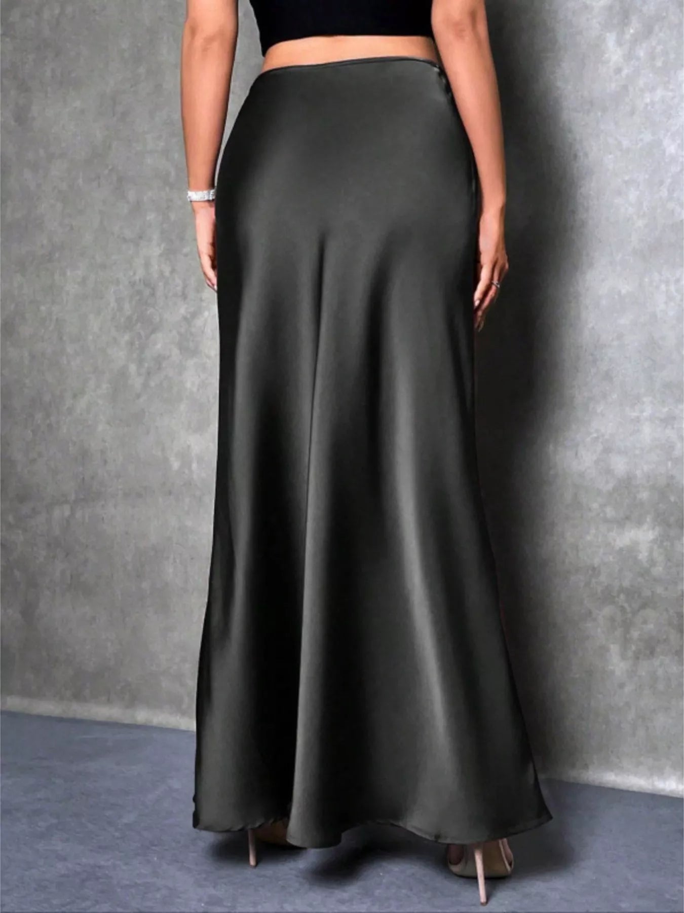 Zinnia Satin Maxi Skirt detail view styled for Avrienne