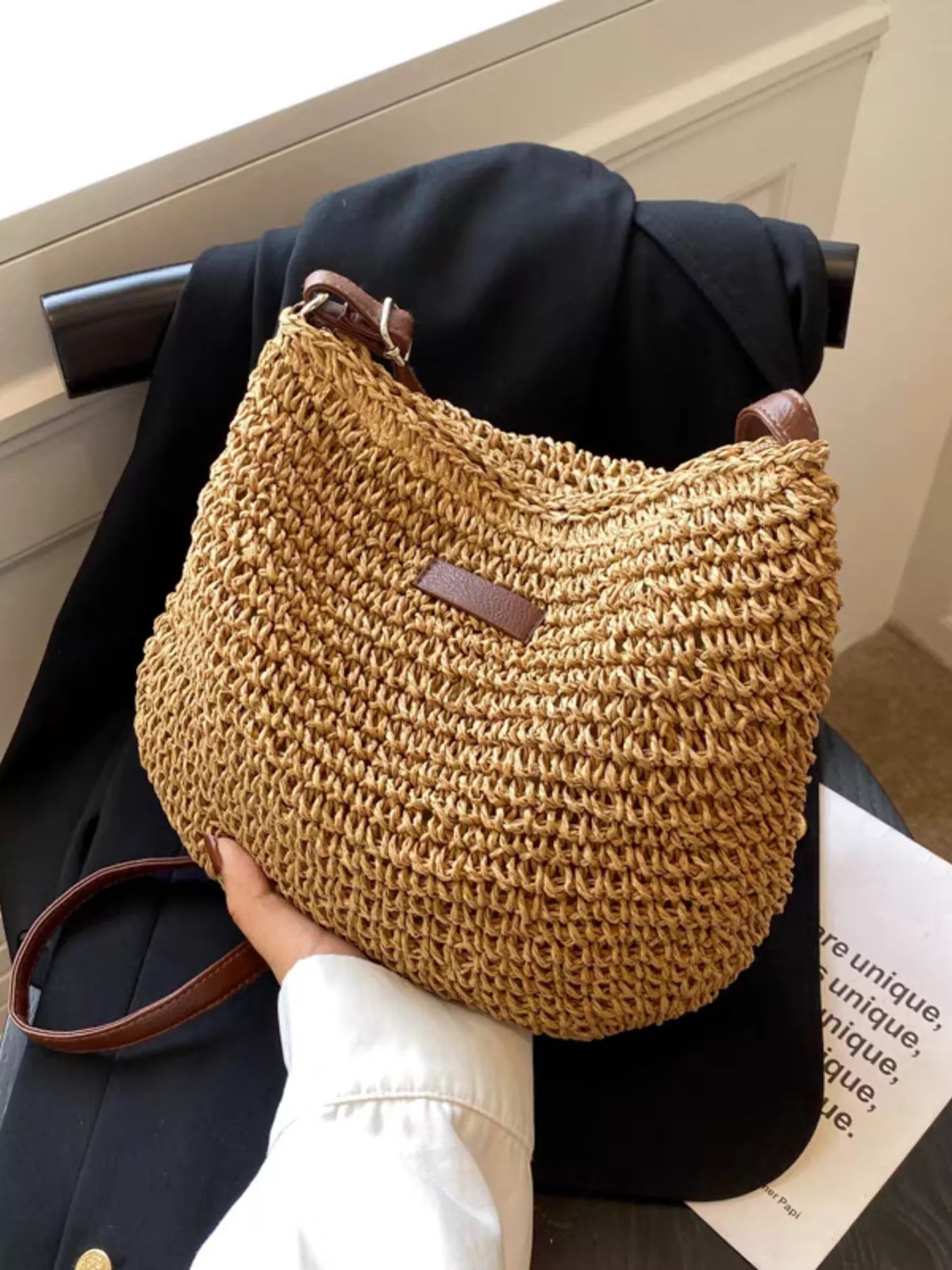 Aveline Straw Crossbody detail view styled for Avrienne
