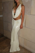 Glossy Cowl Neck Metal Ornament Halter Backless Fitted Maxi Dress image 1