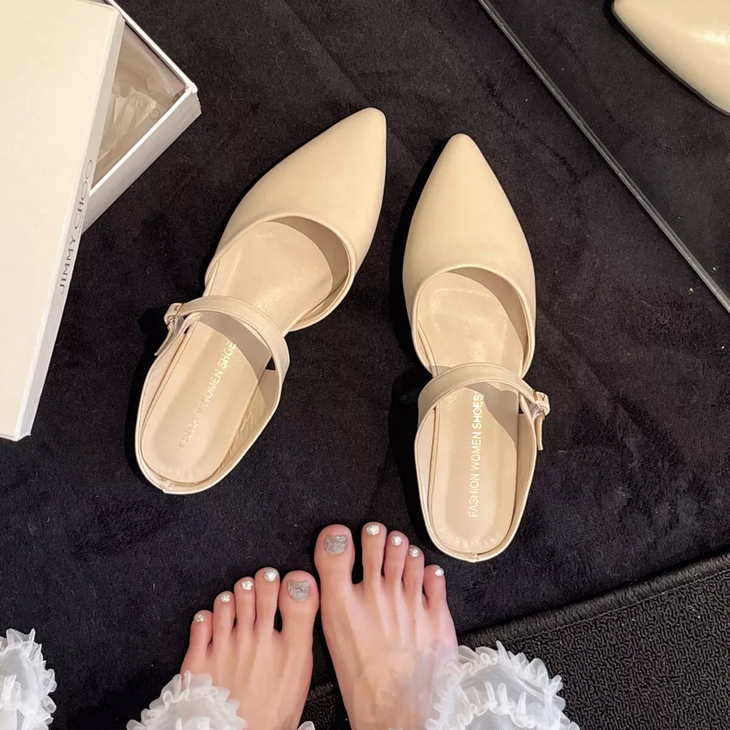 Amelie Flat Sandals detail view styled for Avrienne
