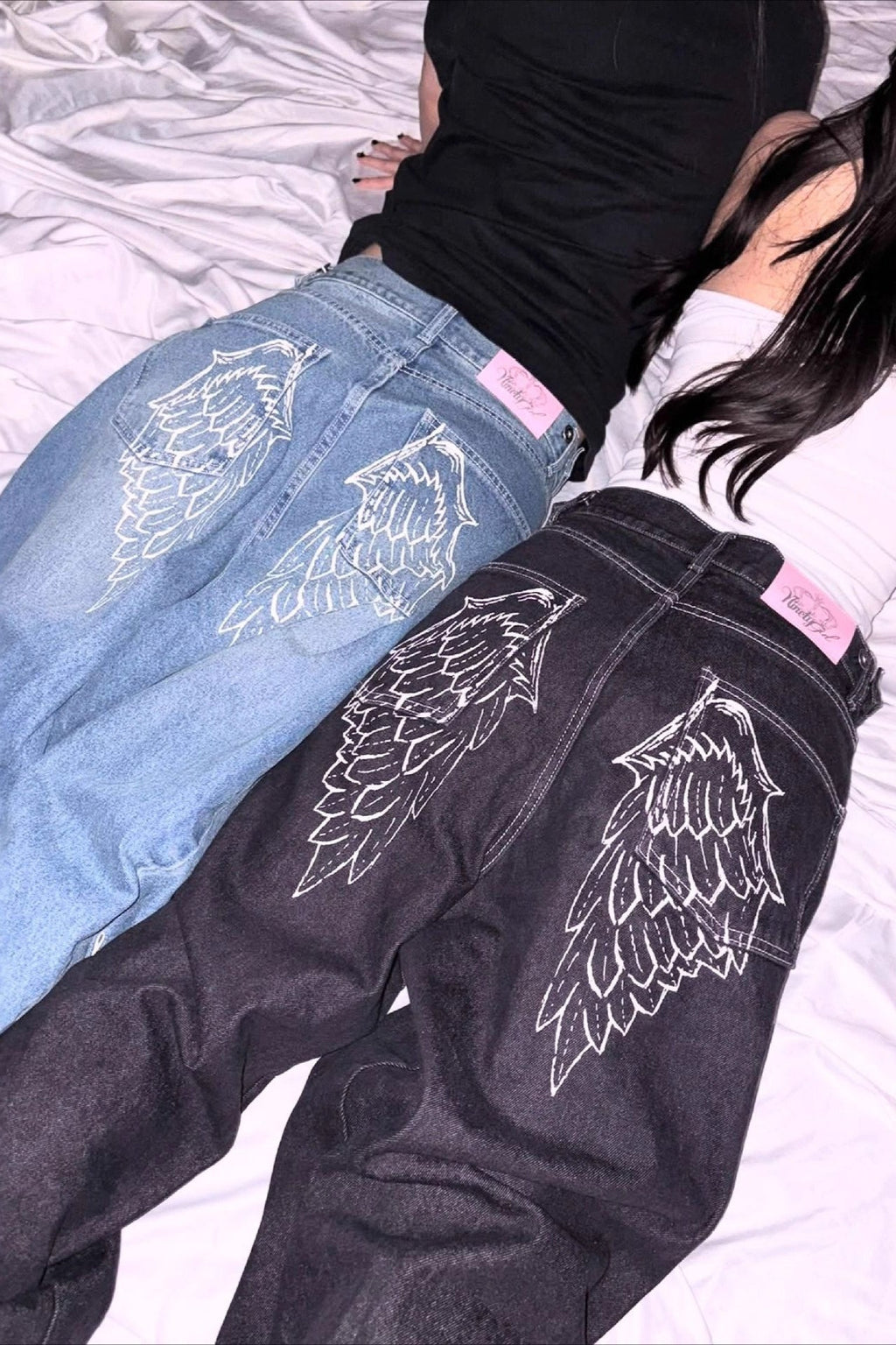 Angel Wing Embroidery Rhinestone Straight Jeans image 2