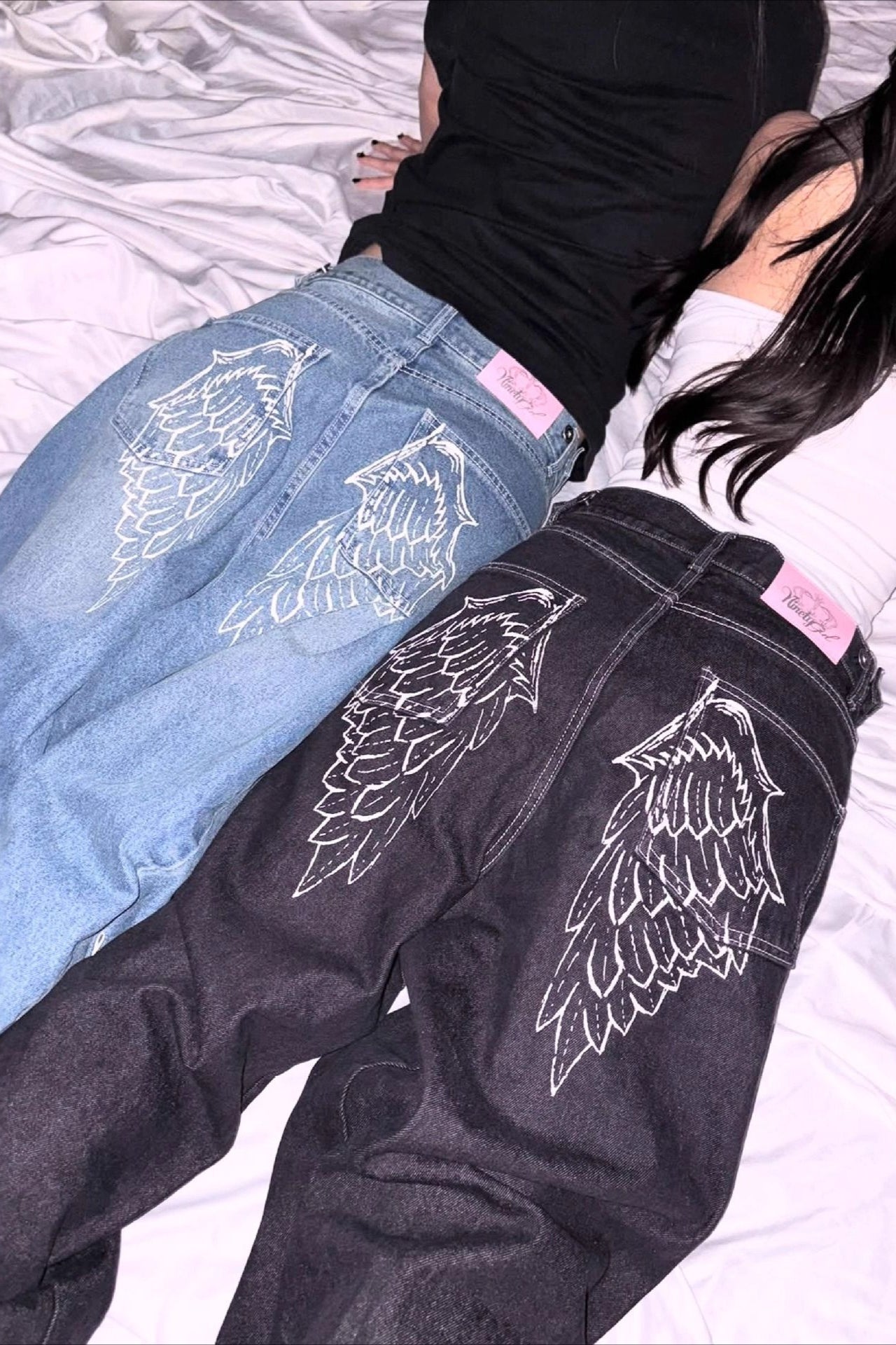 Angel Wing Embroidery Rhinestone Straight Jeans image 2