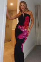 Sexy Halter V-neck Floral Print High Slit Bodycon Maxi Dress image 6