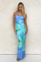 Gradient Floral Spaghetti Strap Fitted Bodycon Maxi Dress image 3