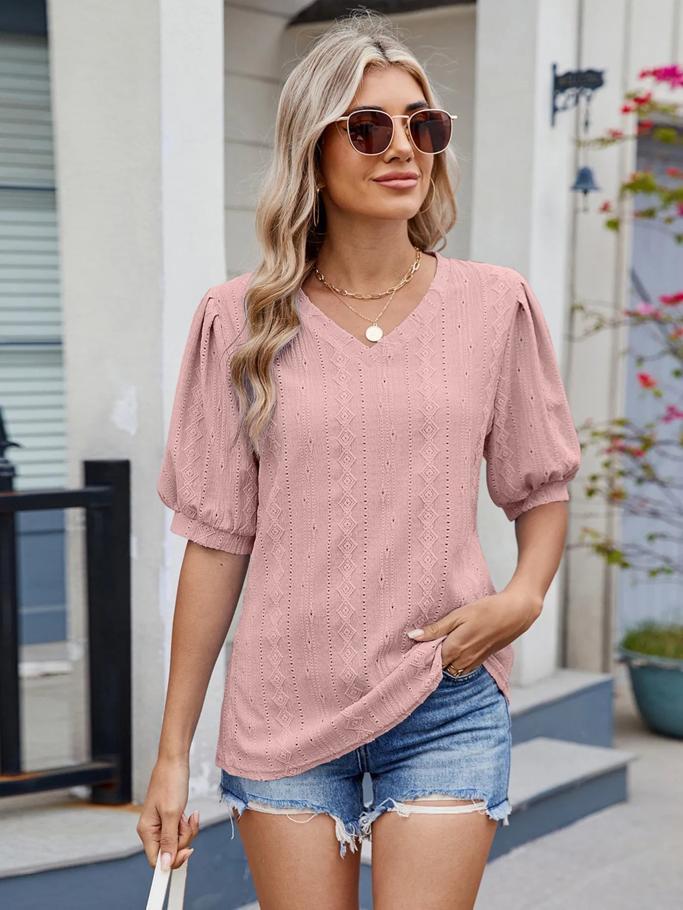 Mireille Eyelet Top detail view styled for Avrienne