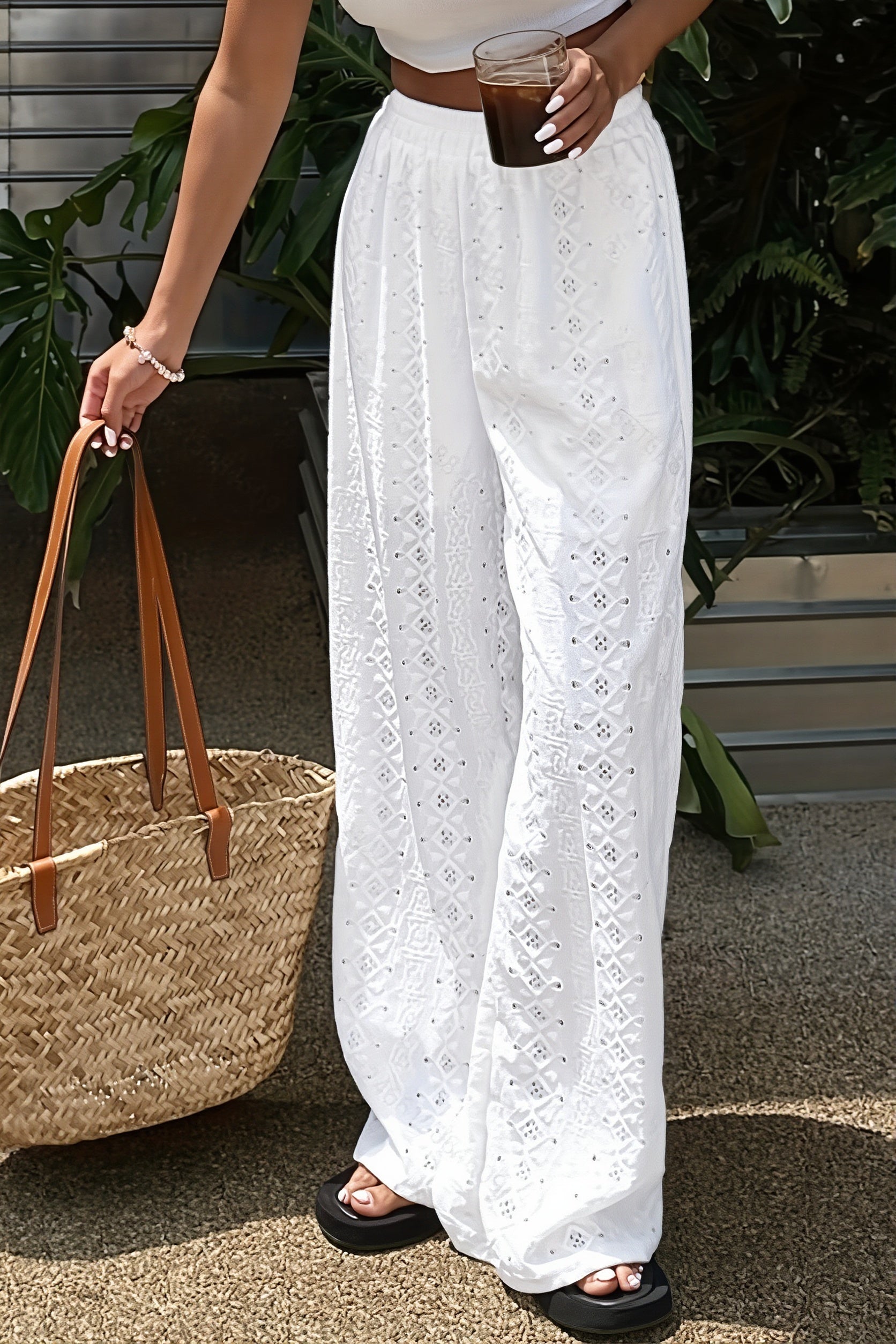 Sexy Solid Sheer Embroidery Drawstring Pants image 4