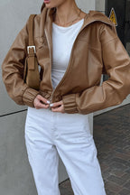 Black Faux Leather Hooded Loose Streetwear Jacket image 10