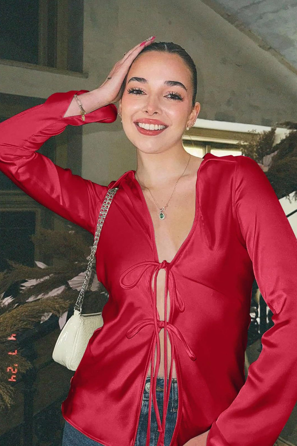 Satin Tie Front Fitted Blouse image 6