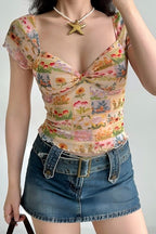 Floral Mesh Slim V Neck Tube Blouse image 3