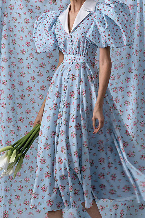 Puff Sleeve Collared High Waist Buttoned A Line Floral Dress image 2