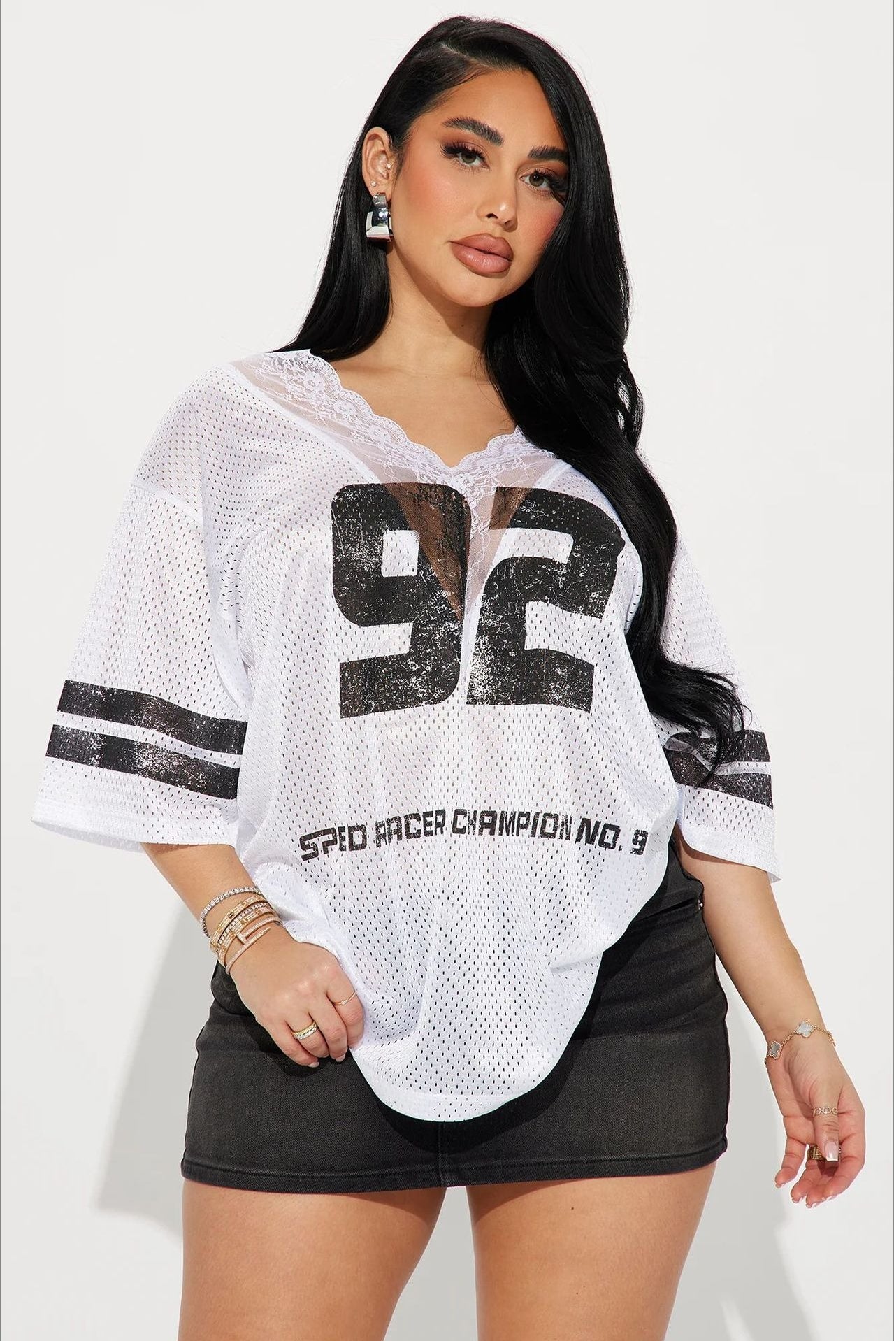 V Neck Lace Print Loose Casual T-shirt image 4