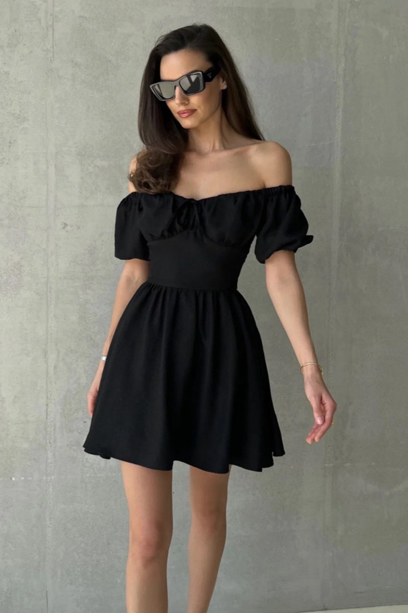Off Shoulder Puff Sleeve Tie Mini Dress image 8